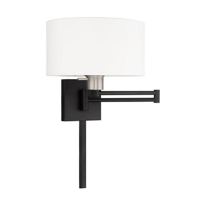 Livex Lighting 40036-04 1-Light Swing Arm Wall Light, Black | Off-White Fabric Shade - color: Black with Brushed Nickel Accent