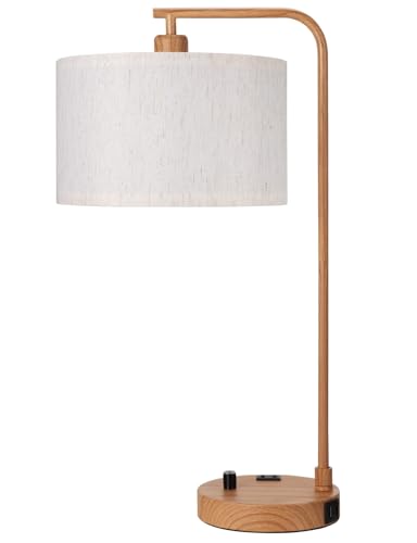 Innqoo Wood Table Lamp for Bedroom with USB Port and Outlet, Dimmable Nightstand Bedside Lamps with Linen Lampshade, Desk Lamp for Home Office, Living Room, Guest Room, LED Bulb Included - color: F-Beige Shade & Wood Base
