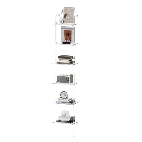 Small Acrylic Ladder Bookshelf, 9.5" D x 15.6" W, 6-Tier Clear Wall Mounted Book Shelf for Small Spaces, Multipurpose Bookcase for Living Room, Bathroom, Office, Modern, 86" H - size: 6-Tier
