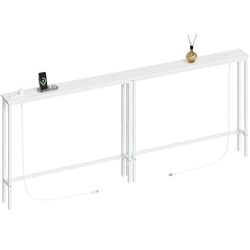 ELYKEN 78.8'' Narrow Console Table with Outlet, Sofa Table Behind Couch | Skinny Entryway Tables with Charging Station for Living Room, Hallway, 5.9 x 78.8 x 29.5in, White - color: White, size: 5.9"DX78.8"WX29.5"H