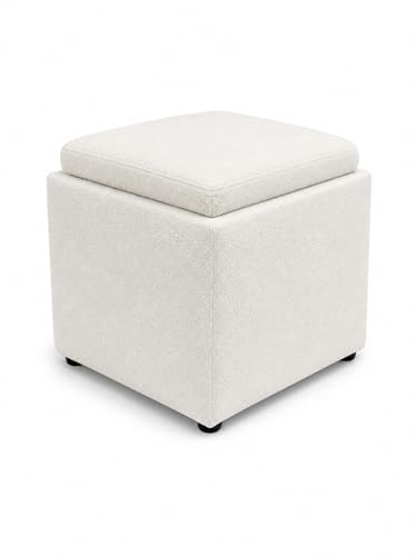 SIMPLIHOME Shay 34" Wide Vegan Leather Storage Ottoman in Chestnut Brown | Contemporary ottoman with flip-over tray top and hidden storage; cube storage bench for living room or bedroom. - color: Ivory Boucle