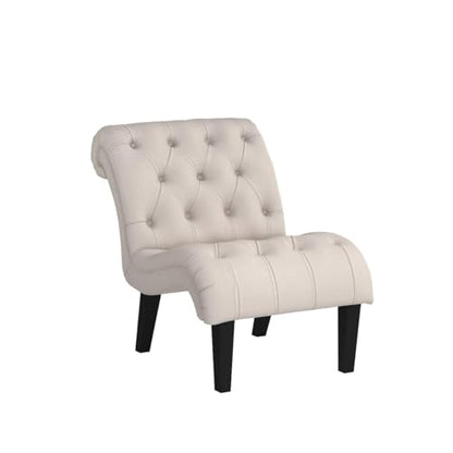 Accent Chairs Set of 2 Mid Century Modern Tufted Upholstered Chair for Living Room Bedroom Curved Armless Side Chairs with Wood Legs Linen Fabric - color: Cream, size: 2 Chairs
