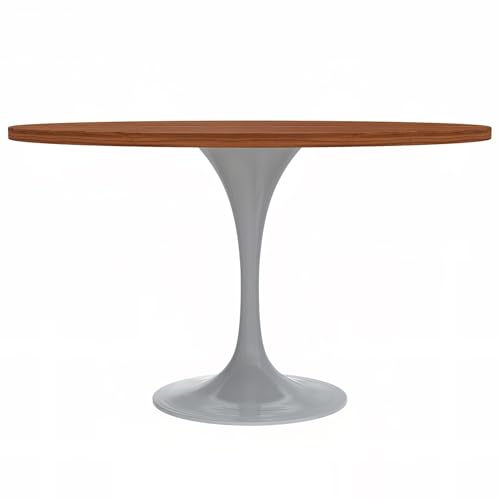 LeisureMod Verve Mid-Century Modern Dining Table with a 48" Round MDF Tabletop and White Steel Pedestal Base for Kitchen and Dining Room (Cognac Brown) - color: Cognac Brown Wood, size: 48 inch Wide