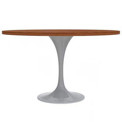 LeisureMod Verve Mid-Century Modern Dining Table with a 48" Round MDF Tabletop and White Steel Pedestal Base for Kitchen and Dining Room (Cognac Brown) - color: Cognac Brown Wood, size: 48 inch Wide