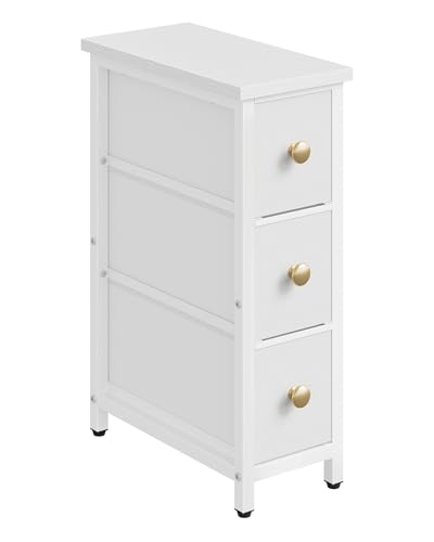 Narrow Side Table with 3 Fabric Drawers, Industrial Slim Bedside Table for Small Spaces, Bedroom, Living Room, Dormitory, White TBZ09WB - color: White