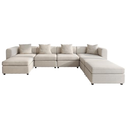 Miuuod 7 Seater Oversized Modular Sectional Sofa L Shape Convertible Couch with 3 Ottomans Deep Seat Upholstered Sleeper Sofa with Hidden Storage Family Living Room Furniture Beige - color: Beige, style: 7 Seats（4 Seats with 3 Ottomans）