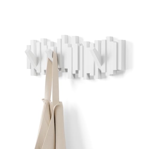 Umbra Sticks Wall Mount Coat Rack, 5 Hook Retractable Pegs, White | Mounting hardware included, sculptural modern design, entryway or bedroom use, recycled plastic - color: White, size: 5-Hook