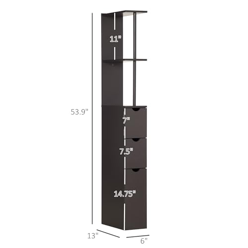 HOMCOM 54" Tall Bathroom Storage Cabinet, Freestanding, 2-Tier Shelf, Brown | Linen Tower, Drawers, Narrow Side Floor Organizer - color: Brown