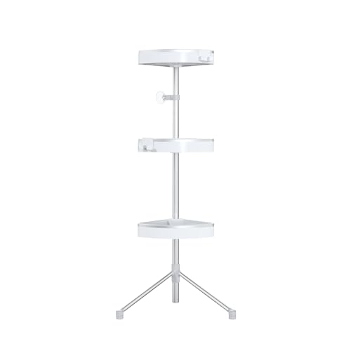 Better Living HiRise 3 Standing Corner Shower Caddy, White | Adjustable 3 Large Baskets, Aluminum Rustproof Bathroom Shower Organizer with Storage Hooks, No Drill, Shower Organizer