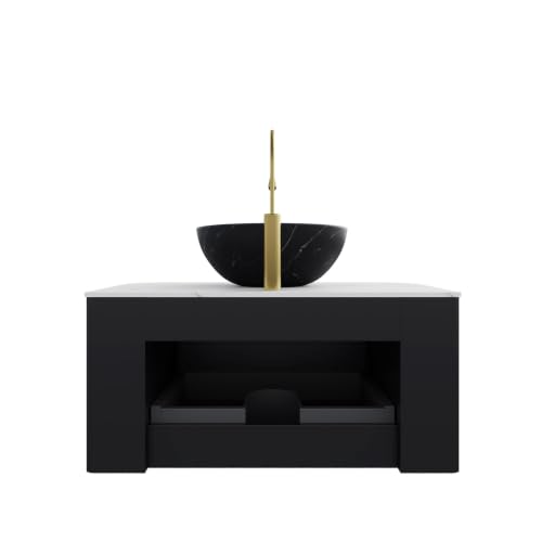 30" Floating Bathroom Vanity with Sink, Wall Mounted Plywood Cabinet, Black Fluted Front, Sintered Stone Countertop, Black Marble-Look Ceramic Bowl Vessel Sink, Soft-Close Drawer, Pre-Assembled - color: Black Cabinet / Black Marble Bowl Sink, size: 30 Inc