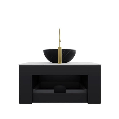 30" Floating Bathroom Vanity with Sink, Wall Mounted Plywood Cabinet, Black Fluted Front, Sintered Stone Countertop, Black Marble-Look Ceramic Bowl Vessel Sink, Soft-Close Drawer, Pre-Assembled - color: Black Cabinet / Black Marble Bowl Sink, size: 30 Inc