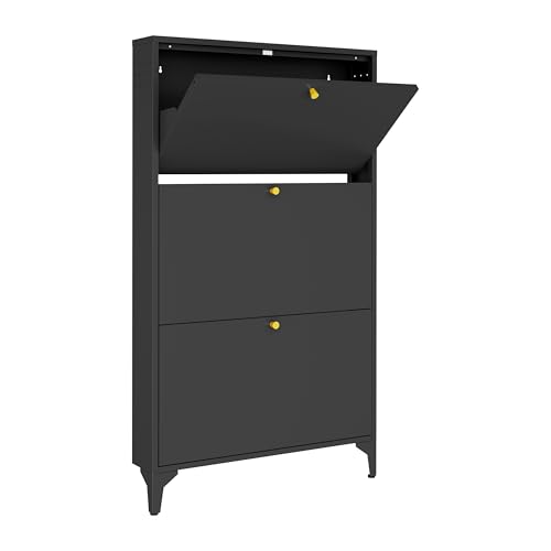 Slim Shoe Cabinet with 3 Flip Drawers,Narrow Shoe Cabinet,Freestanding Organizer,Metal Hidden Shoe Storage for Entryway,Hallway,Living Room(Width 27.56, Black) - color: Black, style: 3 door width 700