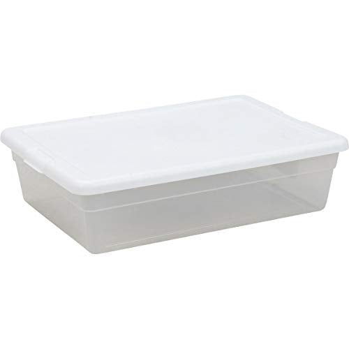 Sterilite 28 Qt Underbed Storage Box, Stackable Bin with Lid, Plastic Container to Organize, Bedroom, Clear Base and White Lid, 1-Pack