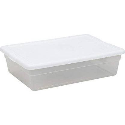 Sterilite 28 Qt Underbed Storage Box, Stackable Bin with Lid, Plastic Container to Organize, Bedroom, Clear Base and White Lid, 1-Pack