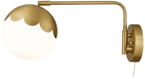 Camila Brass Glass Globe Plug-In Swingarm Wall Lamps Set of 2 Light Fixture | Modern Swing Arm Antique Metal Round Shade for Bedroom Bedside House Reading Living Room Home Hallway Dining - color: Brass - Set of Two