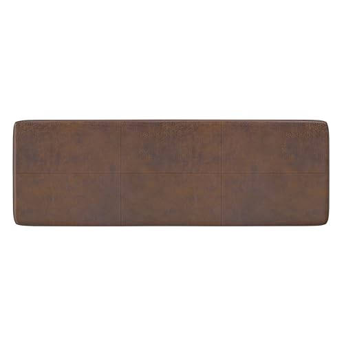 SIMPLIHOME Carlson 45" Wide Vegan Leather Rectangle Ottoman in Brown | Distressed chestnut brown, mid-century modern ottoman bench with a padded seat; footstool, footrest, or bedroom bench. - color: Distressed Chestnut Brown, style: Ottoman Bench
