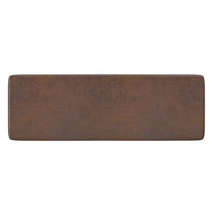 SIMPLIHOME Carlson 45" Wide Vegan Leather Rectangle Ottoman in Brown | Distressed chestnut brown, mid-century modern ottoman bench with a padded seat; footstool, footrest, or bedroom bench. - color: Distressed Chestnut Brown, style: Ottoman Bench