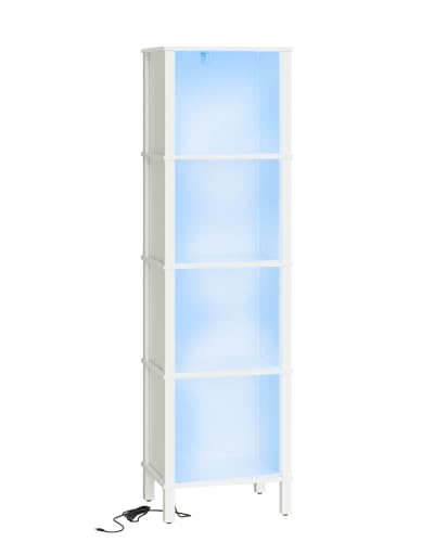 Bookshelf with LED Lights, Modern 4-Tier Bookcase, Open Storage Book Shelf, 11 × 14.2 × 50.4 Inches, Small Narrow Bookshelves for Living Room, Home Office, Bedroom, White - color: White