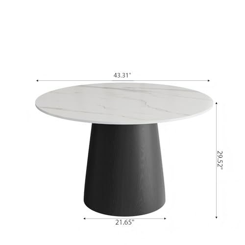 43" Round Dining Table for 4, Sintered Stone Top Solid Wood Pedestal, Snowy White+Black (Table Only) - color: Snowy White+black, size: 43"