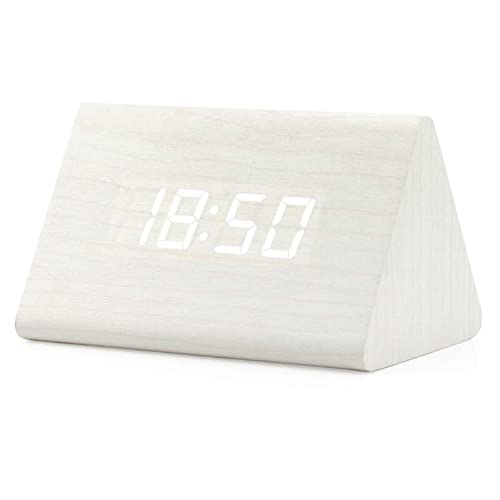 Digital Alarm Clock Wooden Alarm Clock Wood Modern Triangle Alarm Digital Desk Clock, Displays Time Date Temperature Calendar Wood Made Electric Clocks for Bedroom, Bedside - White - color: White
