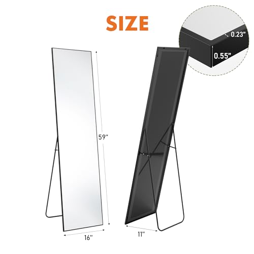OLIXIS 59"x16.6" Full Length Mirror, Full Body Mirror with Stand | Aluminum Alloy Thin Frame, Free Standing Mirrors for Bedroom, Hanging or Leaning Floor, Living Room Bedroom, Black - color: Black-rectangle, size: 59"L x 16.6"W