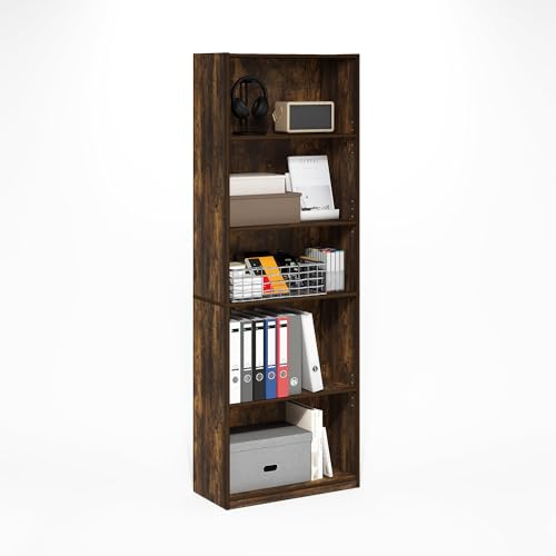 Furinno GEHRY Book Shelf, 5-Tier Bookshelf with Open Shelf, Standing Bookcase with Adjustable Shelves, 11.6 x 24.8 x 71.4, for Living Room, Bedroom, Home Office, Amber Pine - color: Amber Pine, size: 5-Tier, 11.6 x 25 x 71.4