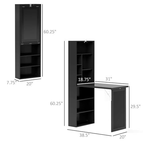 Foldable Wall Mounted Desk with Storage Shelves & Blackboard, Fold-Out Convertible Writing Table for Small Spaces | Space-Saving Floating Computer Desk for Home Office (Black) - color: Black