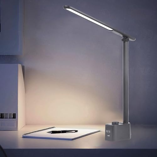 Rotatable Desk Lamp with Pen Holder 5 Color Temperatures Foldable Dimming Reading Lamp USB Charging Port Digital Display for Home Office Reading Studying Working (T221012U) - color: Black