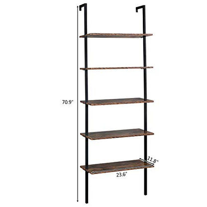 5-Shelf Modern Bookcase, Open Wall Mount Ladder Bookshelf with Industrial Metal Frame for Living Room Bedroom Home Office (Brown5) - color: Brown5