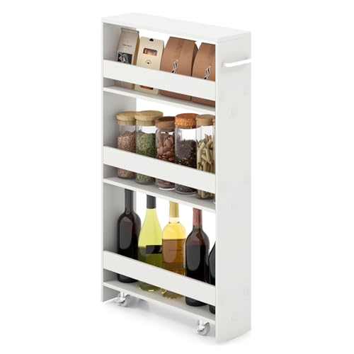 GIANTEX 4-Tier Rolling Slim Storage Cart, 5" Narrow Slide Out Kitchen Cart | Space-Saving Compact Mobile Utility Trolley with Handle & Open Shelves for Small Space, Laundry Room (White) - color: White, size: 5"W