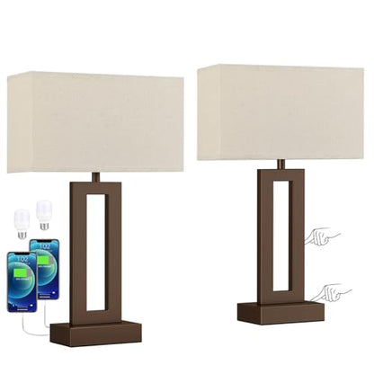 Seealle Bedroom Lamps for Night Stands - Touch Control, 3 Way Dimmable, USB C+A Charging, LED Bulbs, Easy Assembly(Yellow&Brown) - color: P. Beige&Coffee, size: Medium(19.6in)
