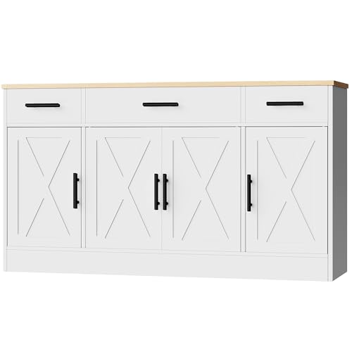 Shintenchi Buffet Cabinet with Storage,53.4" Large Kitchen Storage Cabinet with 3 Drawers and 4 Doors,Wood Farmhouse Buffet Sideboard with Adjustable Shelf for Kitchen Living Room, White - color: Farmhouse Style White