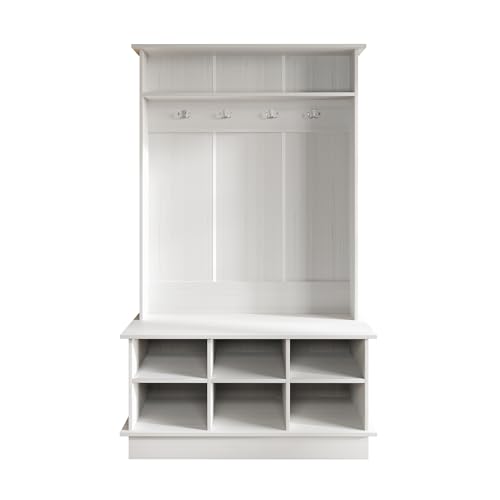 Entryway Hall Tree with Bench and 6 Storage Cubbies, Light Grey - color: Light Gray