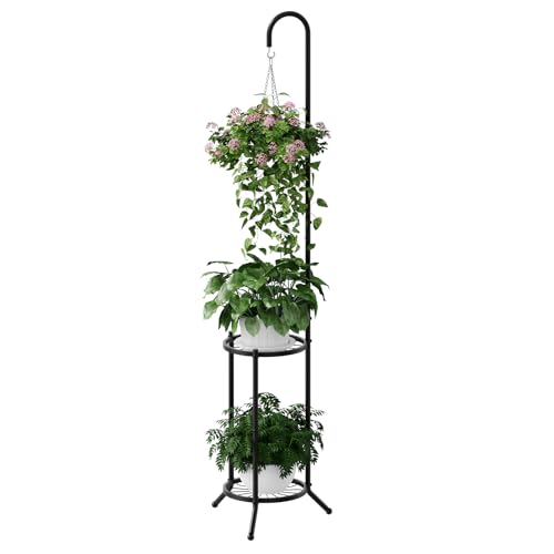 2 Tier Hanging Metal Plant Stand Space Saving Corner Plant Holder | Plant Shelf with Hooks Space Saving Corner Design Fits Bedroom, Balcony,Living Room and Patio Garden