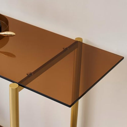 LumFurn Glass Console Table for Living Room, Foyer & Entrance, 2-Tiers Mid-Century Modern Sofa Table with Amber Glass Top, Walnut Finish Wood Shelf and Gold Finish Frame - color: L40.9" Amber & Walnut