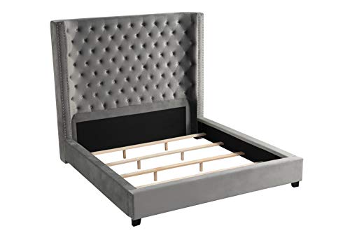 Jaclyn Upholstered Low-Profile Platform Bed Frame, Grey - Queen | Velvet Fabric, 70" Tall Straight Edge Headboard, Button Tufting, Nailhead Trim, Transitional Style - color: Grey, size: Queen (U.S. Standard)
