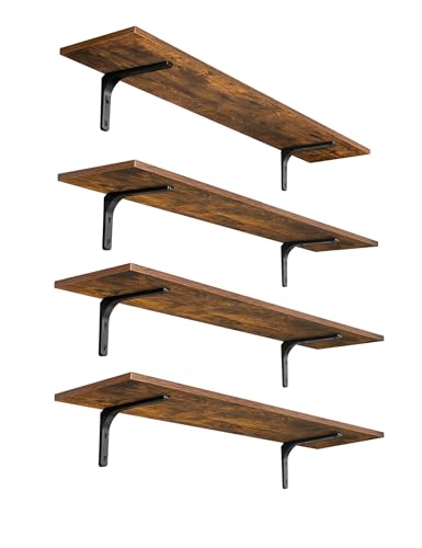 Long Wall Shelves, 39.4Inch Wooden Wall Mounted Shelves, Set of 4 | Large Floating Book Shelf, Metal Brackets, Easy Assembly, Max Load 33lbs, Wall Storage Ledges, Bedroom/Bathroom, Rustic Brown - color: Rustic Brown, size: 39.4 Inch (4 Pack)