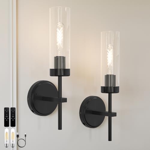 Black Battery Operated Wall Sconce Set of 2, Wireless Wall Sconces with Remote Control, Rechargeable 3000K Dimmable Wall Light for Bedroom Living Room Bathroom Hallway Entryway Stairwell - color: Black, size: 2 Pack