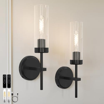 Black Battery Operated Wall Sconce Set of 2, Wireless Wall Sconces with Remote Control, Rechargeable 3000K Dimmable Wall Light for Bedroom Living Room Bathroom Hallway Entryway Stairwell - color: Black, size: 2 Pack