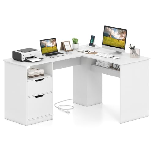 Tangkula 59” L-Shaped Executive Desk w/Power Outlets, Home Office Desk | Wooden Computer Desk w/ Drawers & Bookshelf for Working Gaming Writing, White - color: White