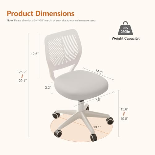 JPBSTO Armless Desk Chair, Height Adjustable Swivel Office Rolling Task Chairs with Soft Mesh Padded Cushion, Ergonomic Small Study Computer Chair for Girls Boys Teens (White, 1PC) - color: White