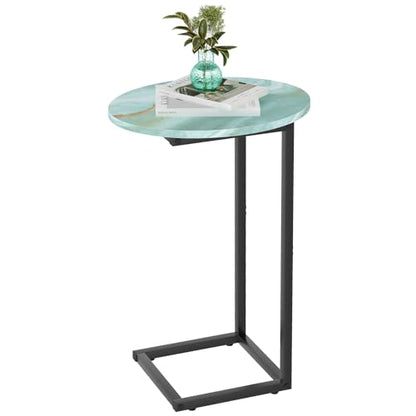C Shaped End Side Table, Small Oval Couch Sofa Table for Bed, Snack Side Table with Metal Frame, TV Tray Table with White Marble for Small Space, Living Room, Bedroom, Bedside(Sea Blue) - color: Sea Blue+black