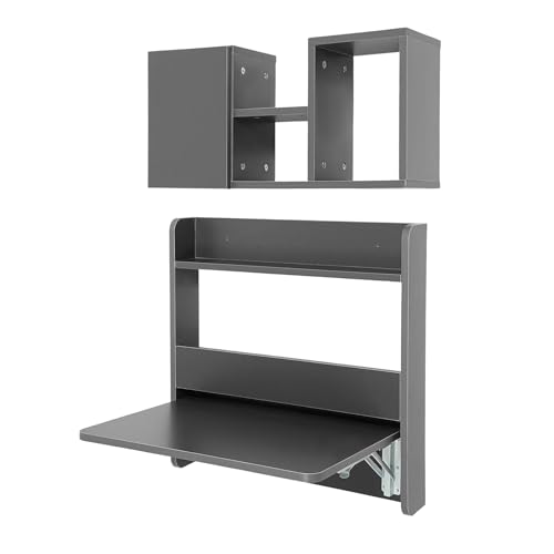 Wall Mounted Folding Desk, Solid Wood Floating Laptop Desk with Wall Mounted Bookshelf for Living Room Coffee Shop Apartments, 88lbs Table Load-Bearing (Grey) - color: Grey