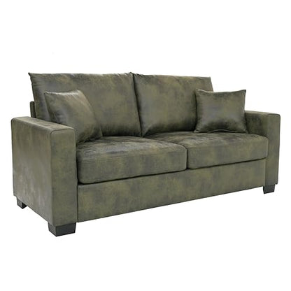 Eafurn 69" Small Loveseat Sofa Couch, Mid-Century Modern PU Leather 2-Seater Sofa with Wood Frame & 2 Pillows, Compact Space-Saving Couch for Living Room, Apartment, Office - color: Olive Green 69"