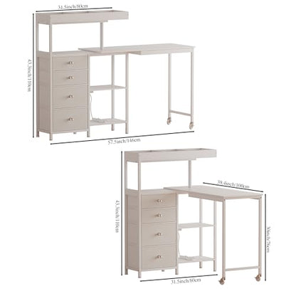 L-Shaped Manicure Table with Power Outlets,Nail Desk for Nail tech | Rotating Nail Workstation on Wheels with Charging Station,Nail Table with drawers & shelves for Home,Makeup Beauty Salon - color: White