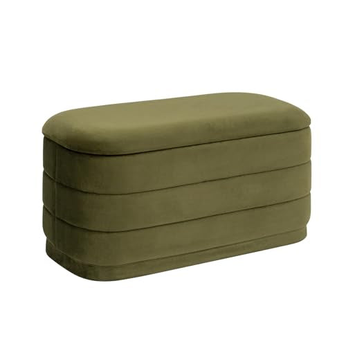 30" Velvet Storage Ottoman Bench with Wooden Tray Lid, Folding Large Upholstered Ottoman Footstool for Living Room, Rectangular Padded Foot Rest for Bedroom Living Room Dorm, Olive Green - color: Olive Green, size: 30"D x 15"W x 15"H