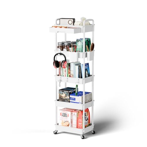 Sorgion 5 Tier Rolling Cart Organizer,Bathroom Cart Organizers with Wheels Laundry Room Organization Mobile Shelving Unit Utility Cart Storage Shelves Multi-Functional for Office, Home(White) - size: 5Tier-White
