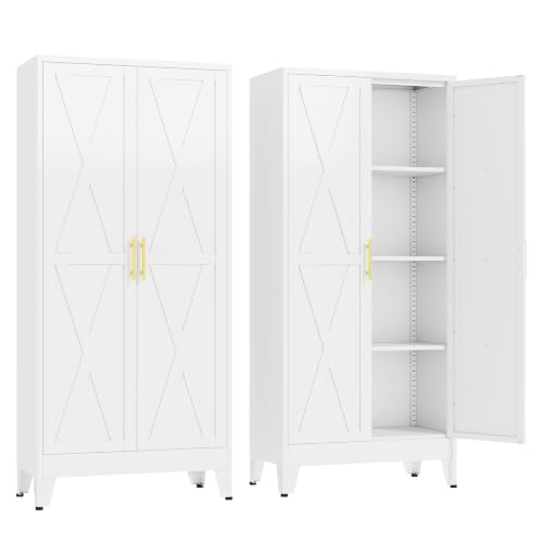 GAIOUS 61" Tall Kitchen Pantry Cabinet,Metal Storage Cabinet White Cupboard | Steel Office Cabinet, Freestanding Bookcase with 2 Doors and 3 Adjustable Shelves, Bathroom Kitchen Bedroom Garage Cabinet - color: White, size: 13.78"D x 27.55"W x 61"H