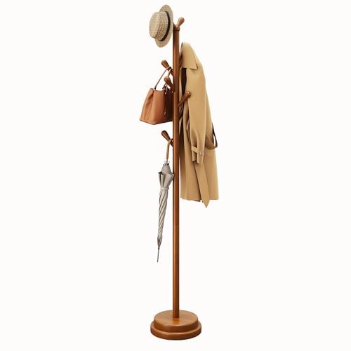 STARSAGA Solid Wood Coat Rack Freestanding Coat Tree with 8 Hooks | Adjustable Height Heavy Duty Coat Rack with Rounded Hooks & Dual-Layer Base, Holds Coats Hats Bags for Entryway, Bedroom - color: Walnut