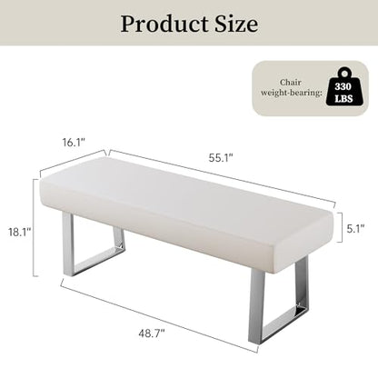 JIEXI 55" Rectangle Upholstered Entryway Bed End Bench with Chrome Legs | PU Leather Seat Footstool, Sturdy Silver Metal Base, Versatile for Bed End, Plant Stand, Foyer - color: White, size: 55 IN